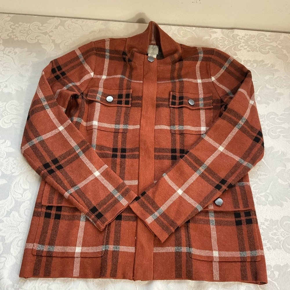 Joie Plaid Knit Jacket Shacket Zip & Snap Button Front Rust/black Men Sz Medium